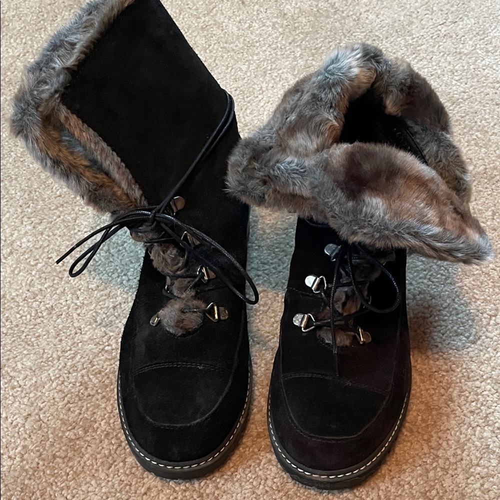 Stuart Weitzman Black and Gray Fur Winter Boots